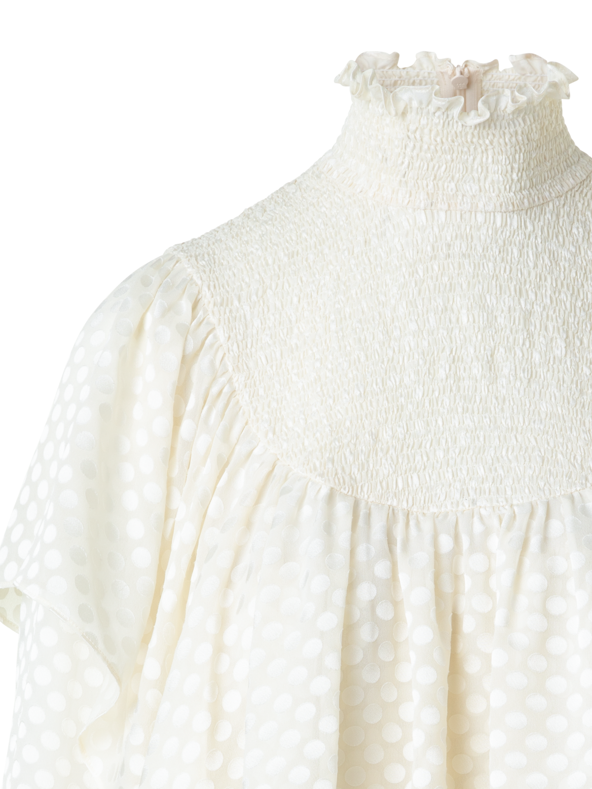 Designer Boho Smocked Flounce Shoulder Dotted Blouse - neutral - ecru - white