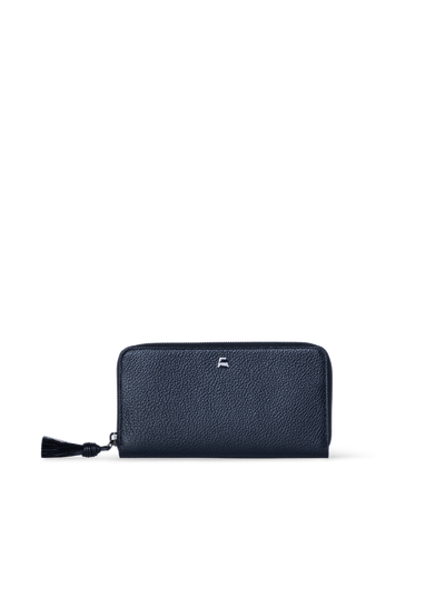 Designer Long Zip Around Wallet in Leather - navy - blue