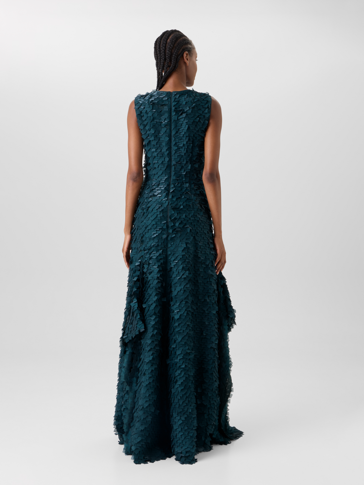 Designer Asymmetrical Gown in Layered Organza Tiles - green 