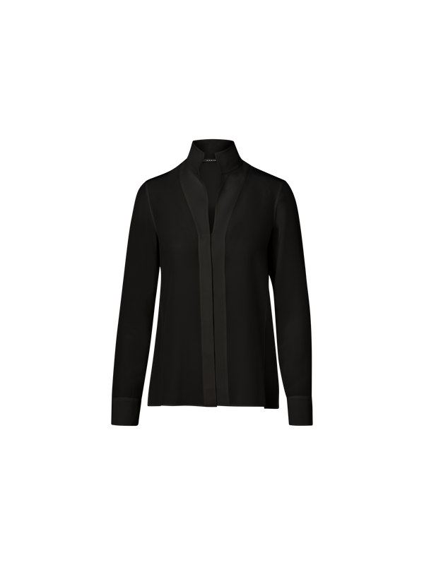 Designer Long Sleeve Silk Blouse with Stand-up Collar - black