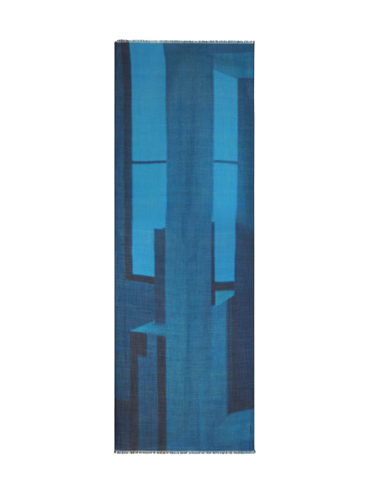 Designer Scarf in Cashmere and Silk with Window Print - blue