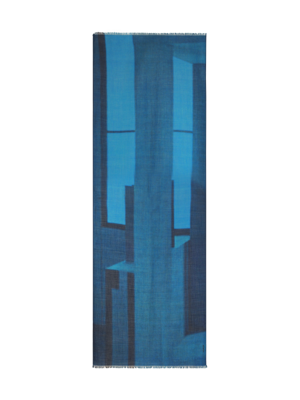 Designer Scarf in Cashmere and Silk with Window Print - blue