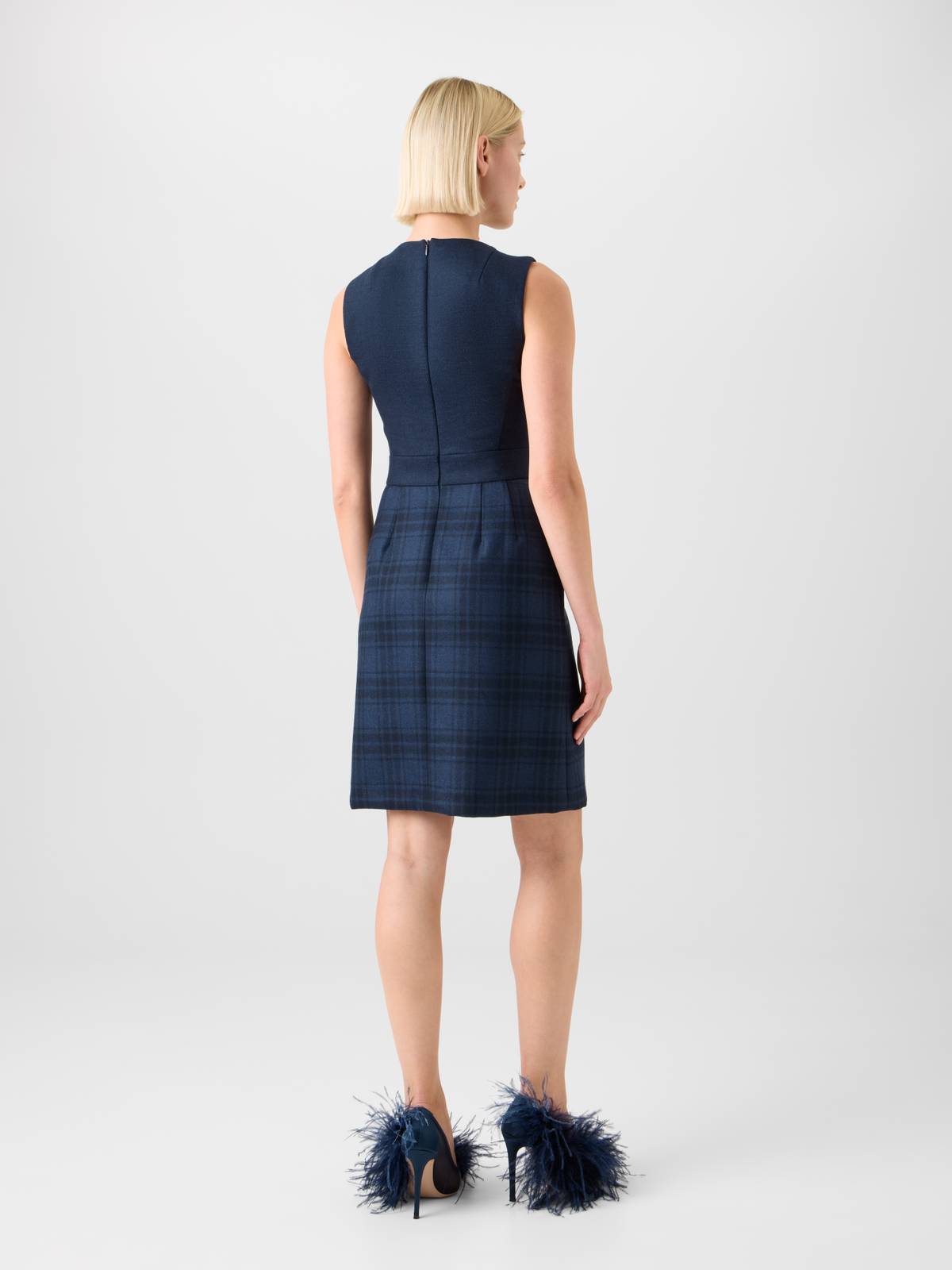 Designer Short Wool Double-Face Plaid A-Line Dress - neutral - navy - blue #editorial