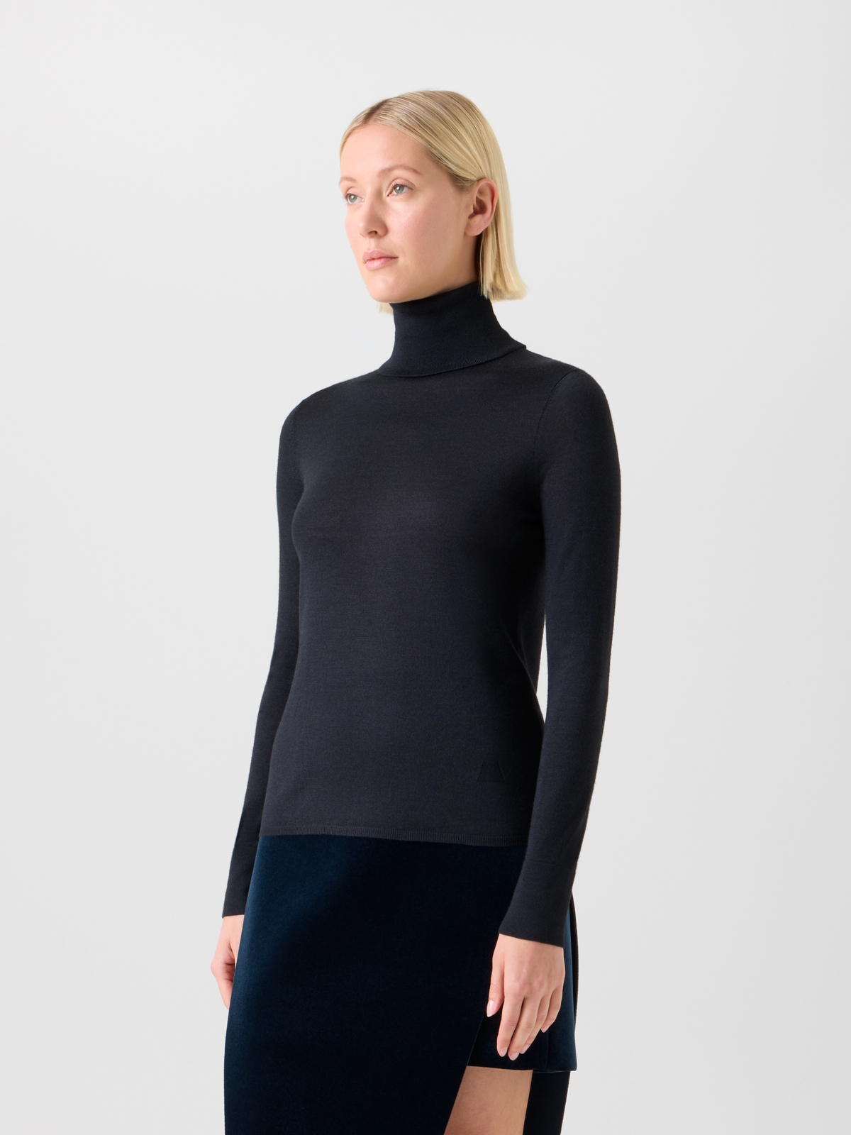 Designer Cashmere Silk Mock Neck Sweater with Rib Cuff - black - neutral #editorial