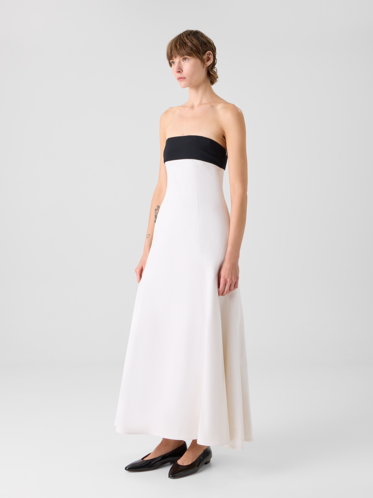 Designer Strapless Denim Midi Dress - ecru