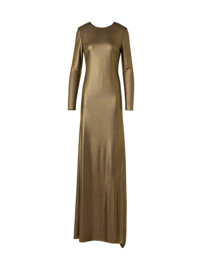 Designer Lamé Jersey Gown with Open Back and Knot Detail - gold