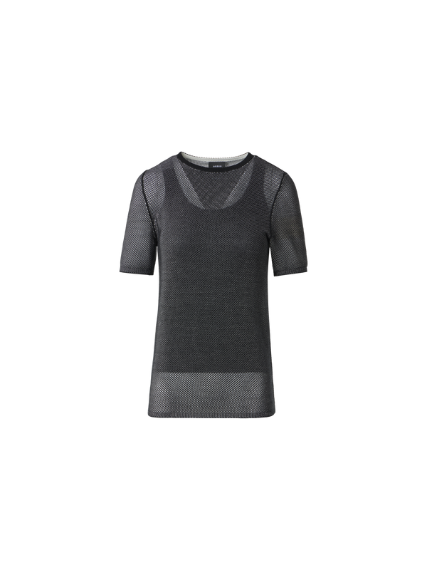 Designer Fitted Two Tone Grid Sweater in Silk - black