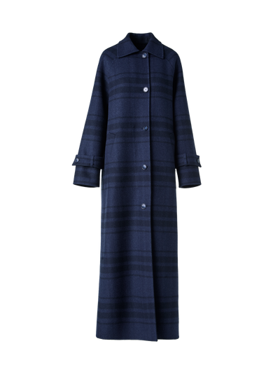 Designer Oversized Wool Double-Face Plaid Maxi Coat - neutral - navy - blue