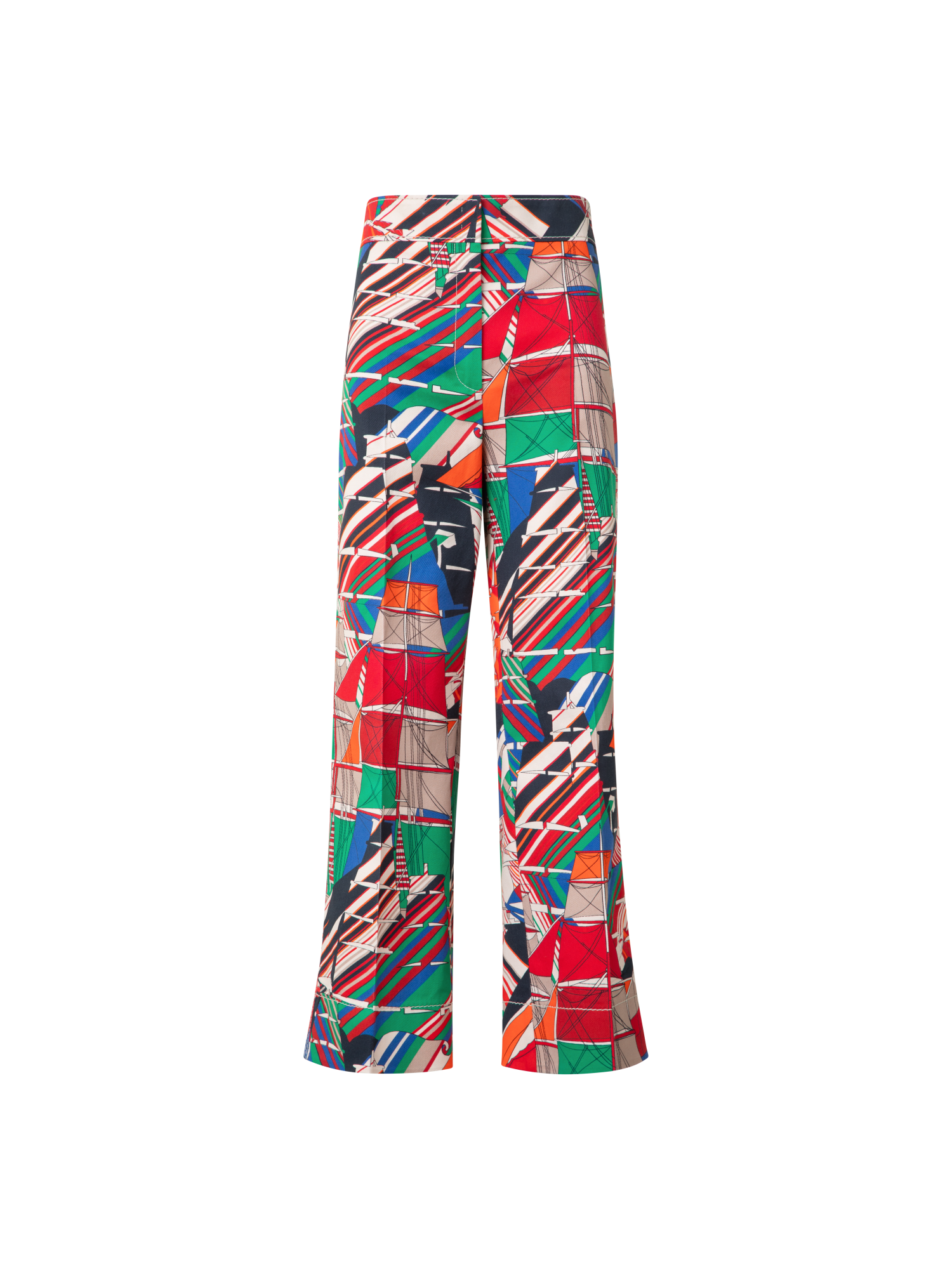 Designer Cropped Wide Denim Pants with Sea Clipper Print - multicolor