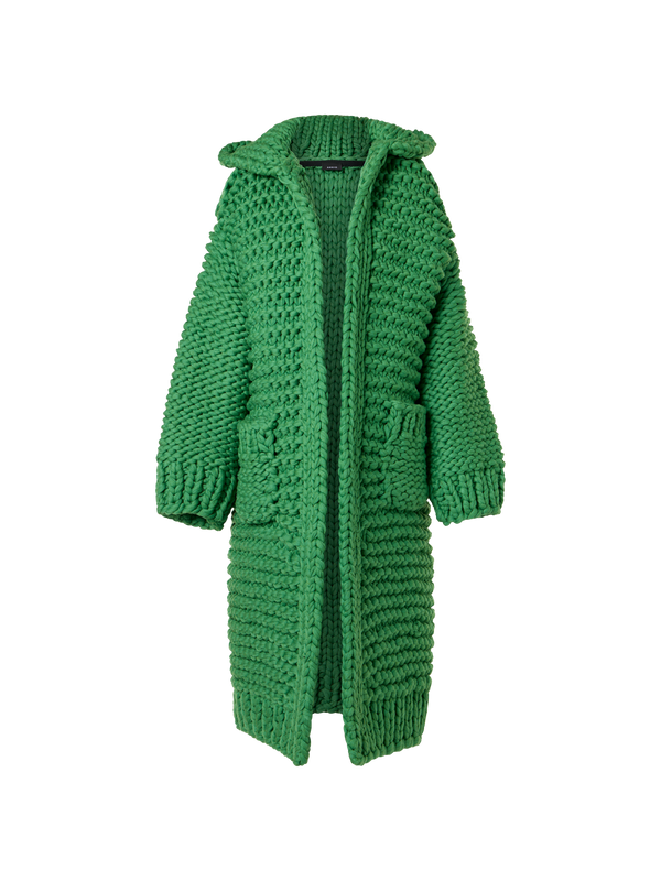 Designer Structured Handknit Hooded Coat - green