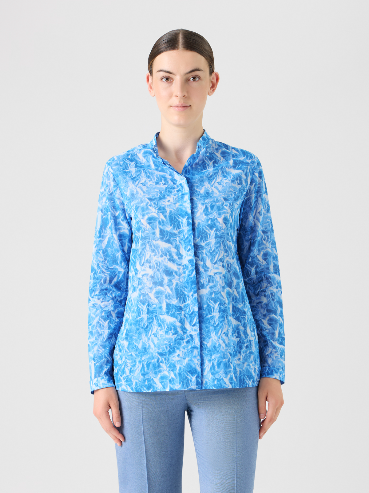 Designer Whitecaps Print Cotton Voile Tunic Blouse - blue #editorial