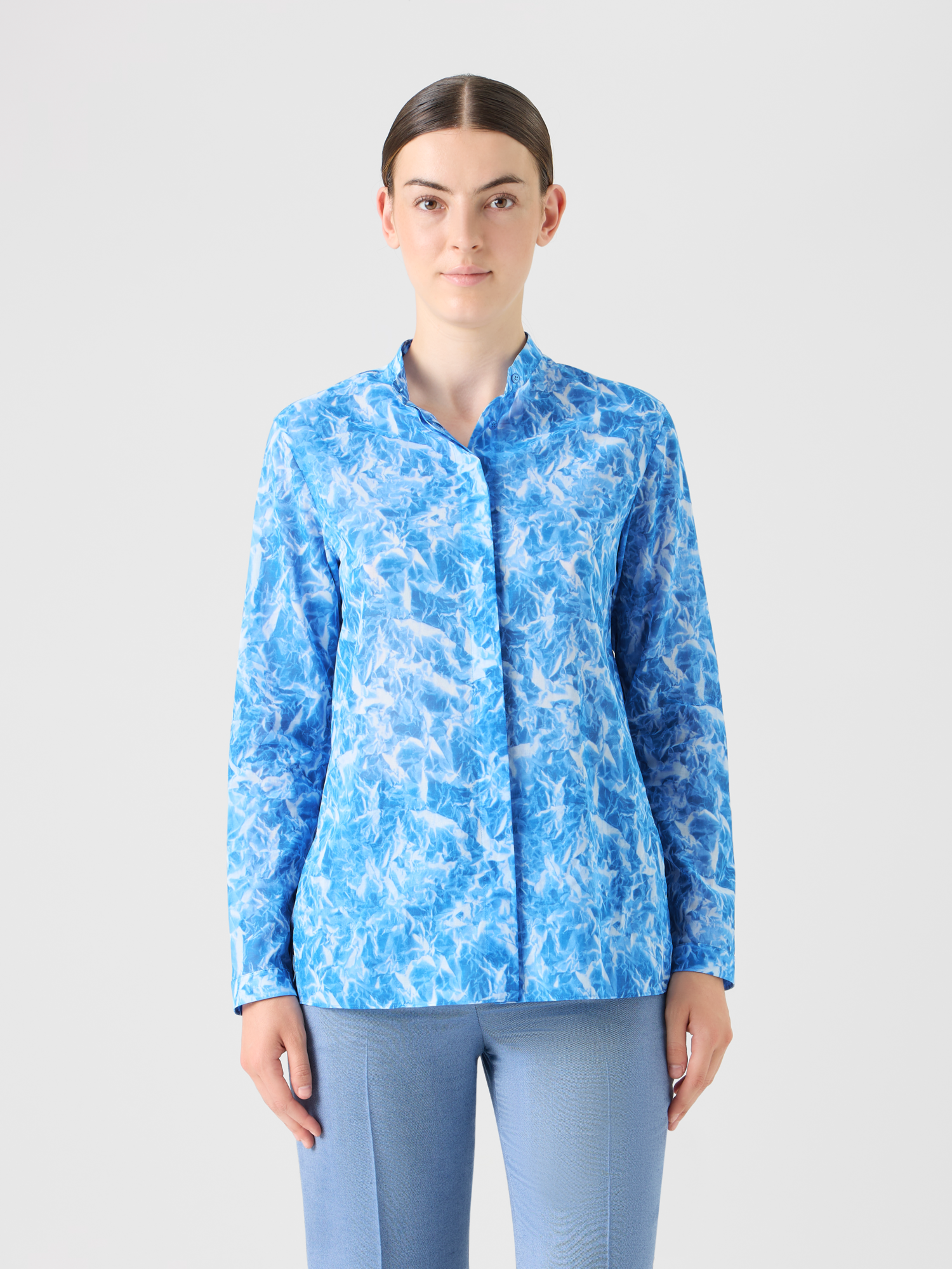 Designer Whitecaps Print Cotton Voile Tunic Blouse - blue 