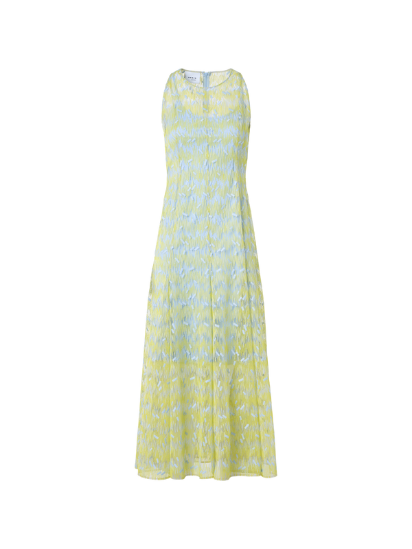 Designer Sheer Scribble Dot Embroidered Flared Midi Dress - blue - yellow