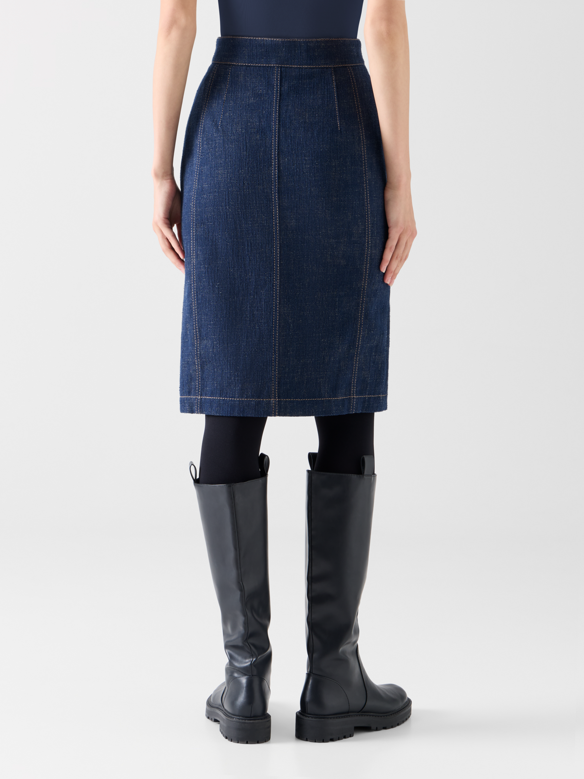 Designer High Waist Pencil Skirt in Brushed Winter Denim - navy - blue 