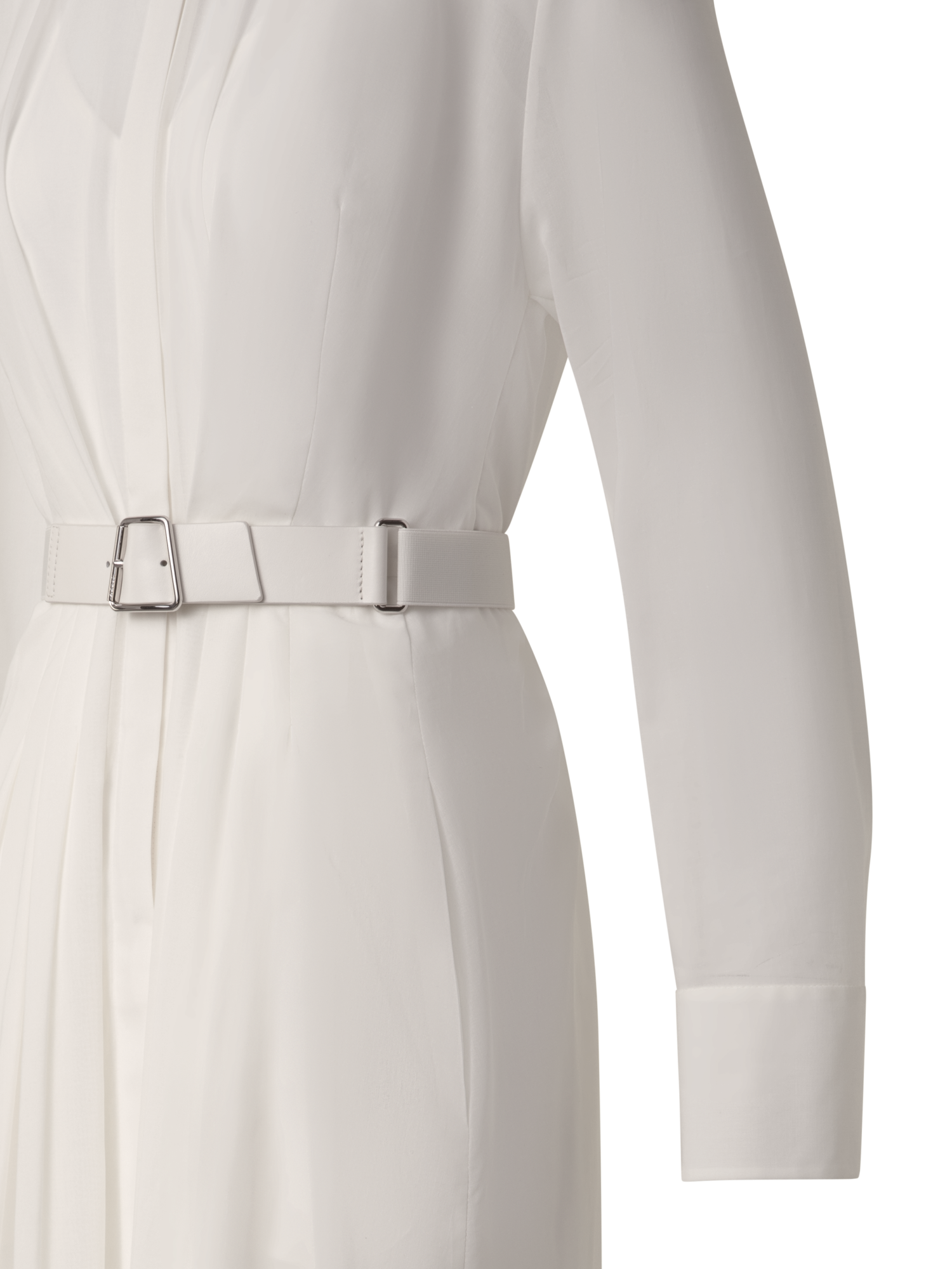 Designer Belted Long Sleeve Shirt Dress in Cotton Voile - grey - neutral - beige