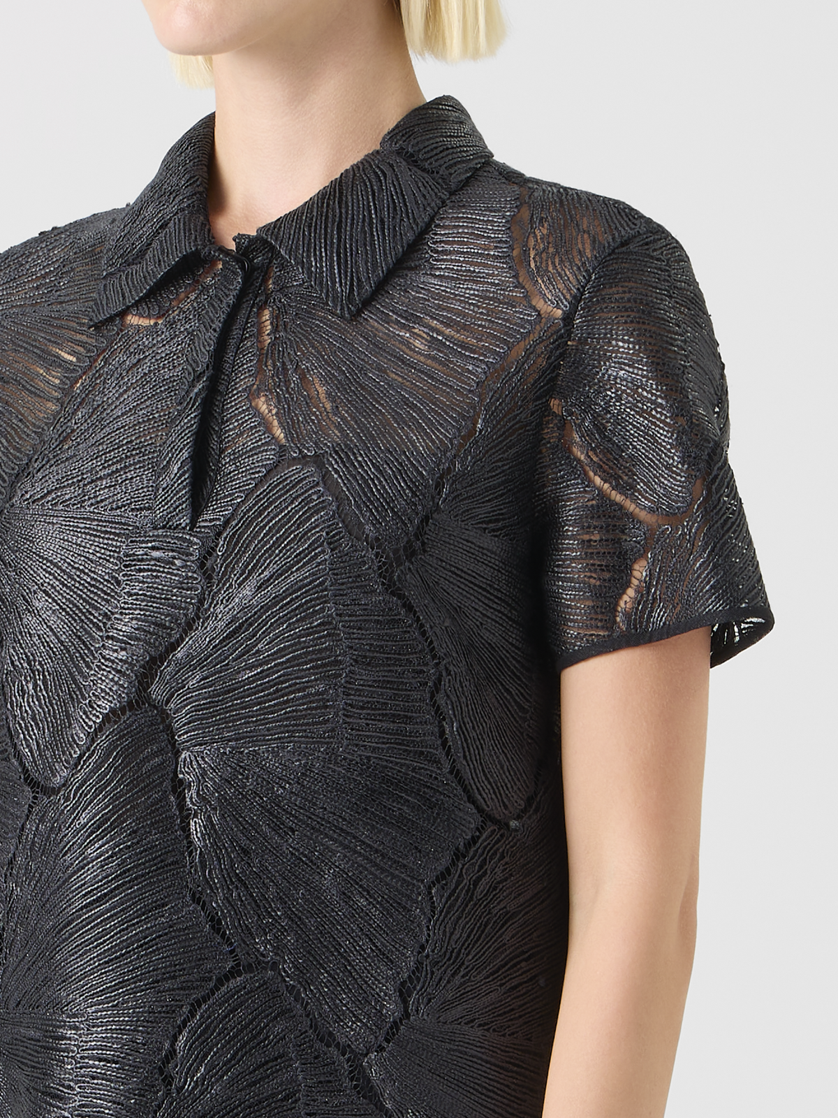 Designer Polo Blouse in Lacquered Sea Fan Lace  - black #editorial