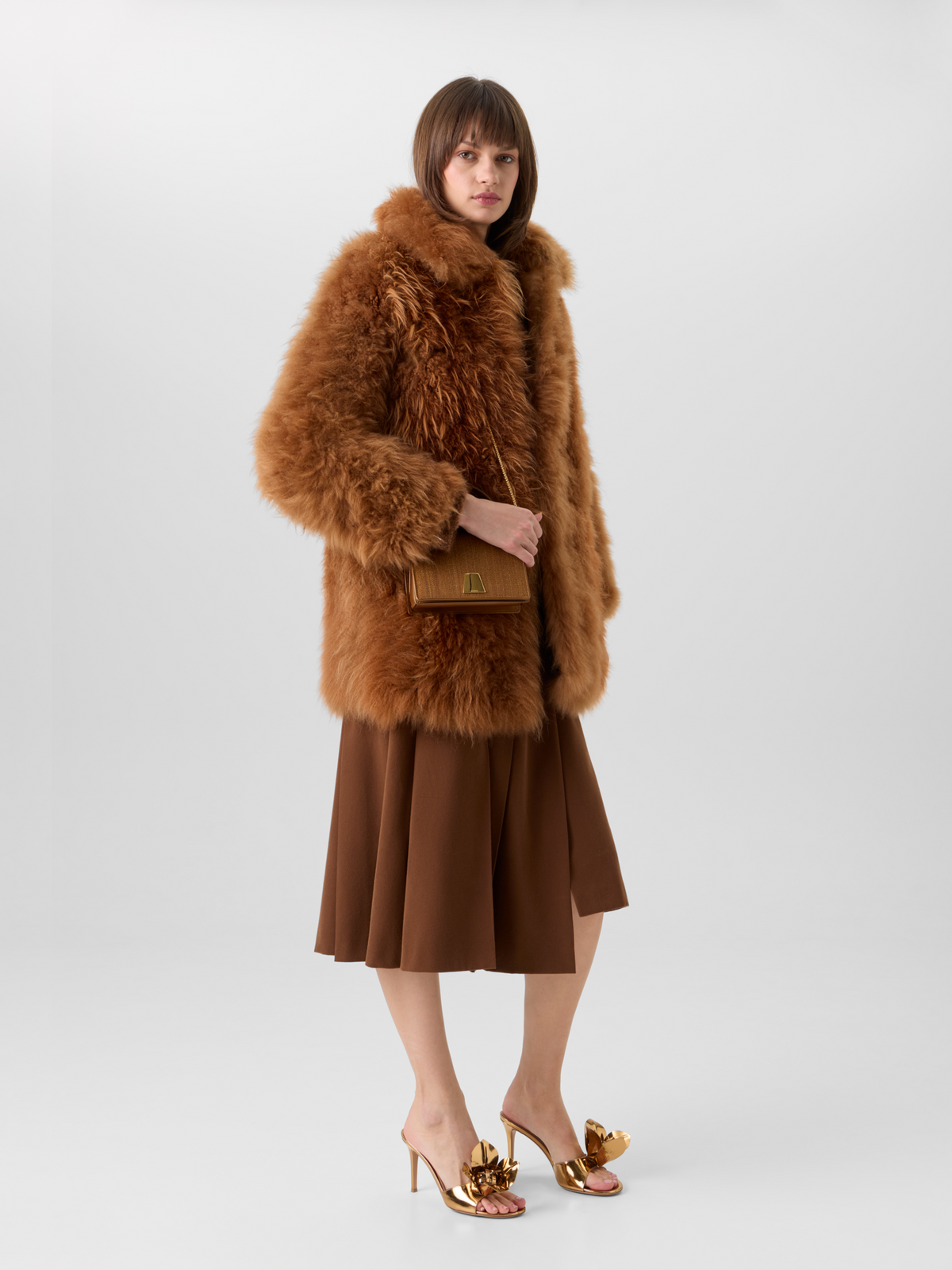 Designer Short Cashmere Goat Fur Coat - brown 
