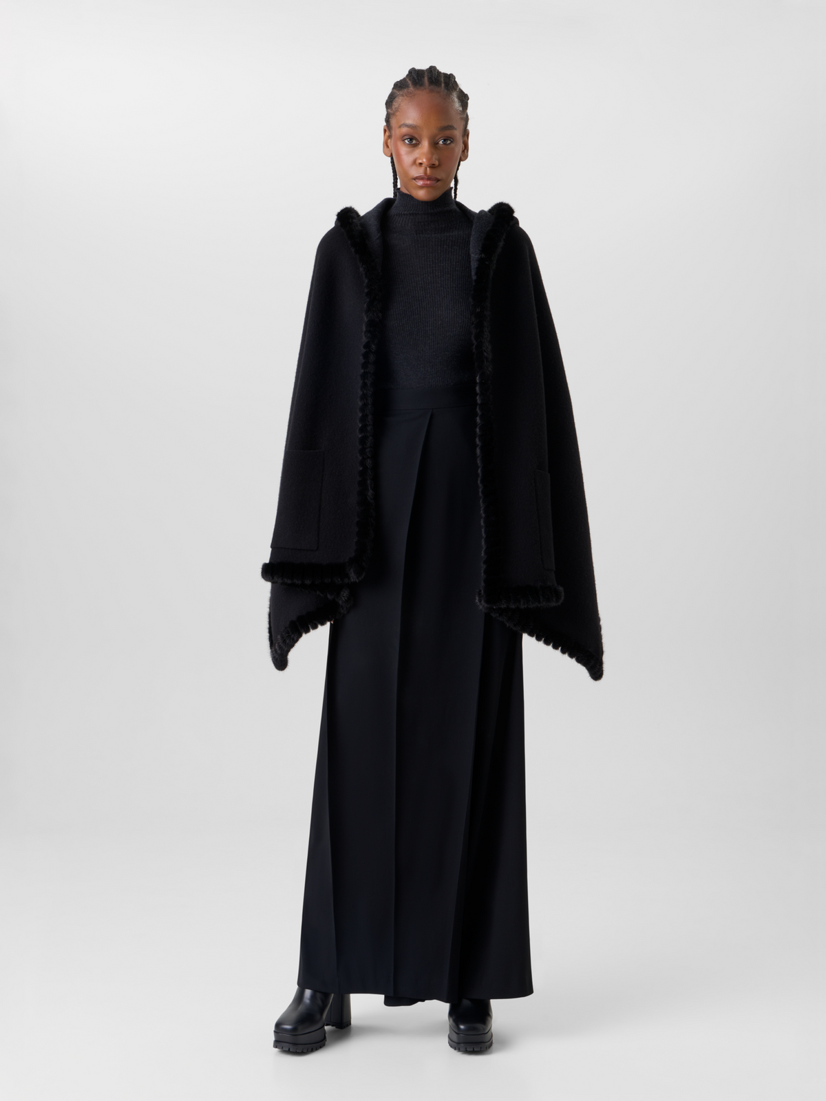 Designer Reversible Hooded Cashmere Cape with Mink Trim - grey - black #editorial