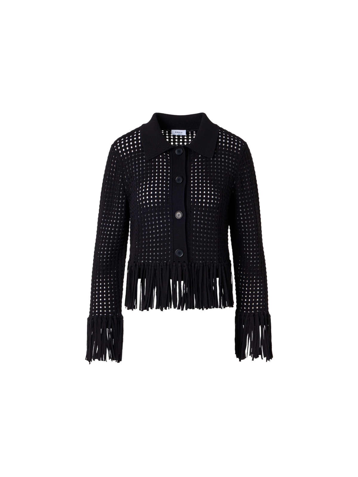 Designer Short Long-Sleeve Chunky Cotton Mesh Knit Cardigan - black