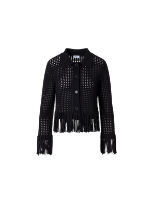 Designer Short Long-Sleeve Chunky Cotton Mesh Knit Cardigan - black