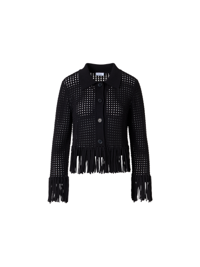 Designer Short Long-Sleeve Chunky Cotton Mesh Knit Cardigan - black