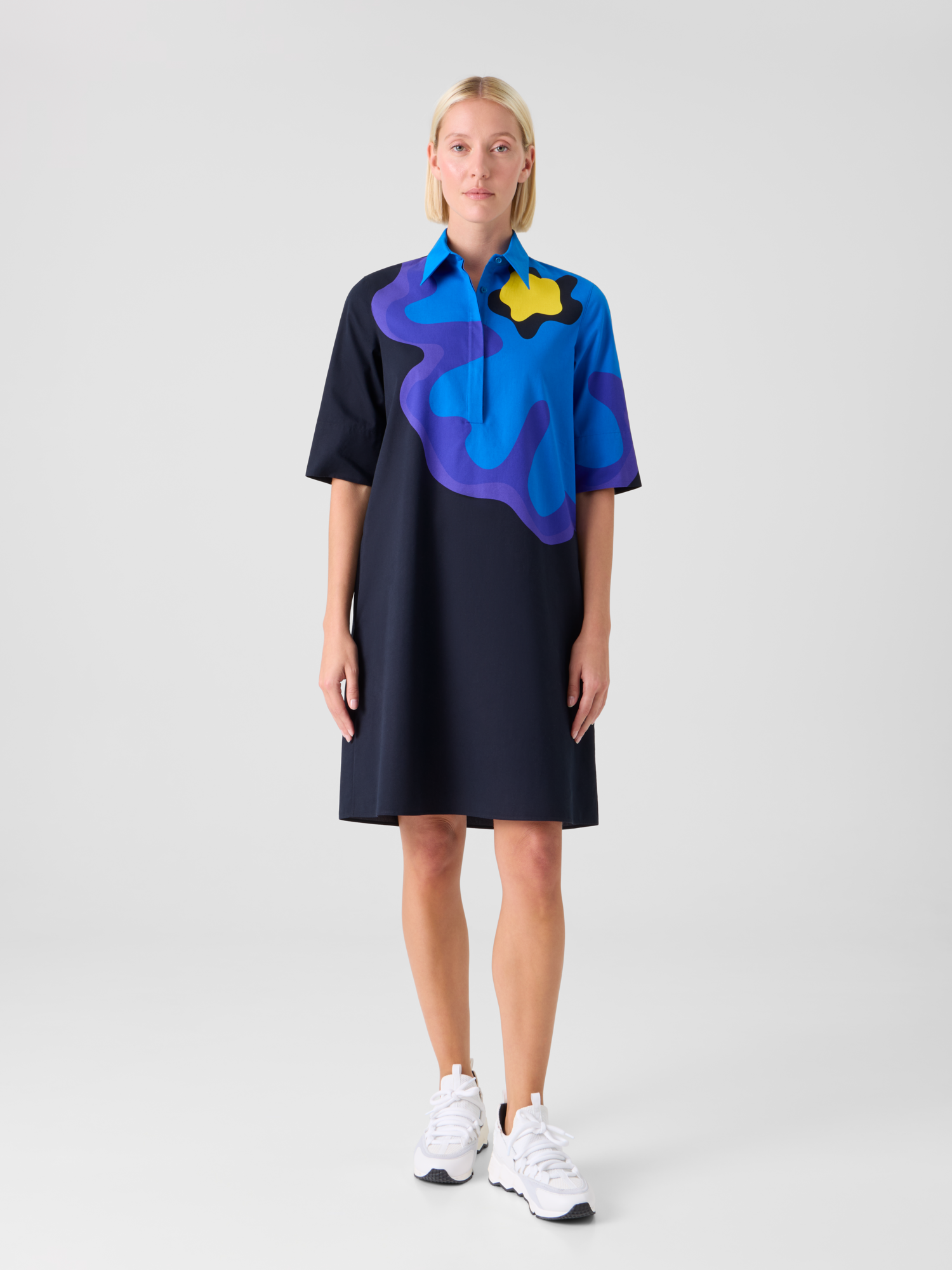 Designer XL Pop Dot Flower Cotton Dress - navy 