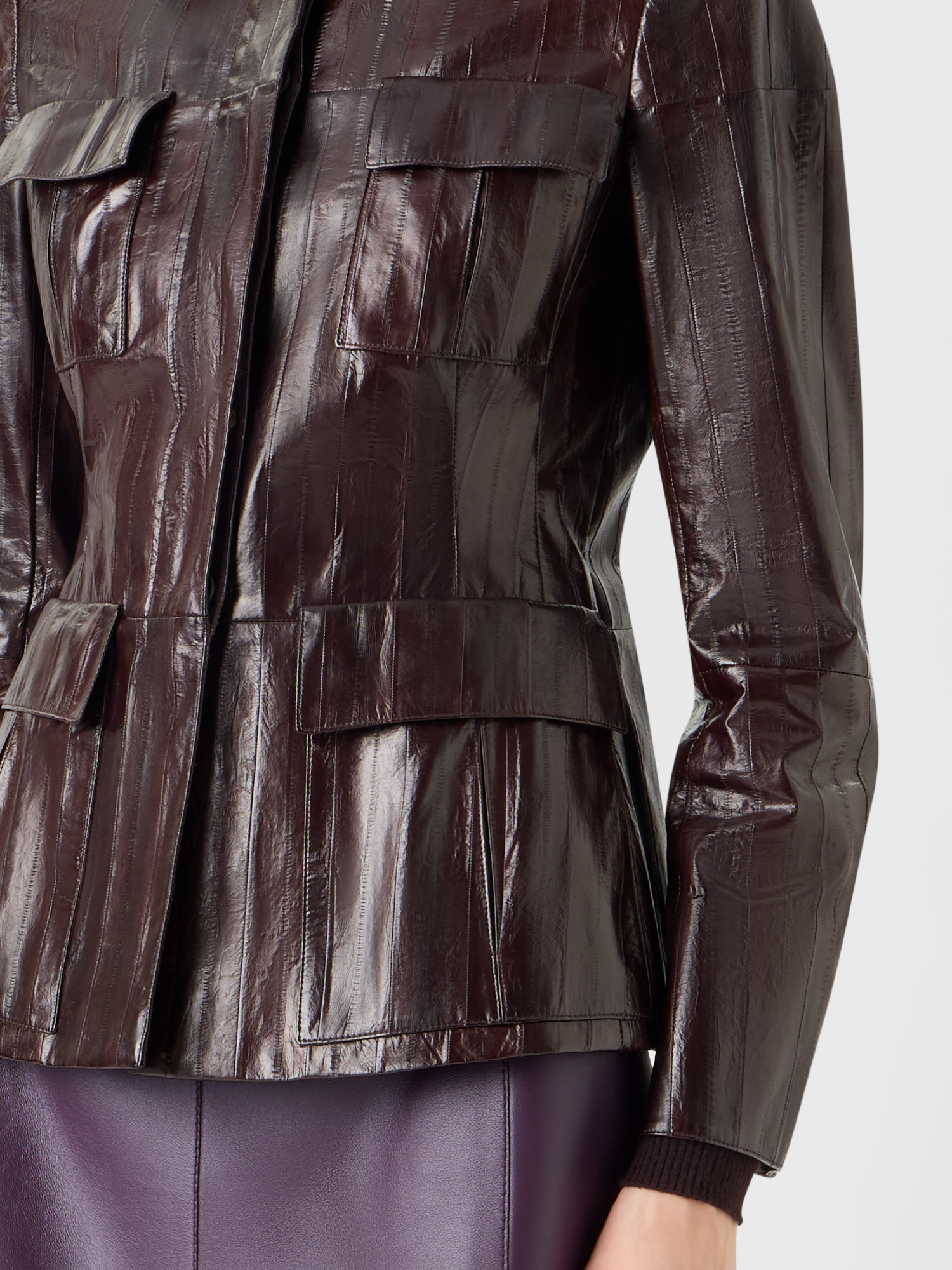 Designer Fitted Lacquered Eel Leather Jacket - brown 