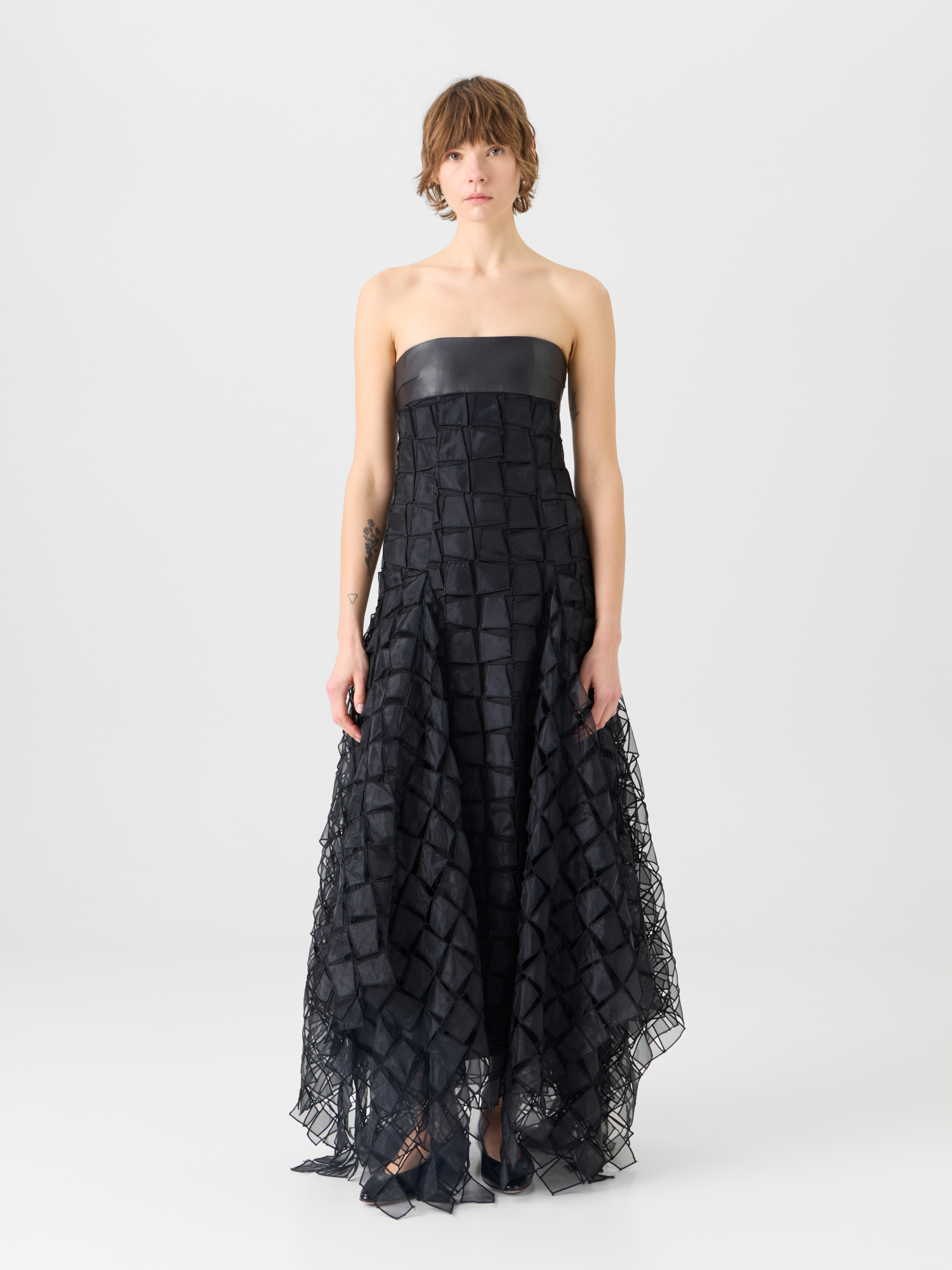 Designer Organza Trapezoid Embroidery Strapless Gown - black