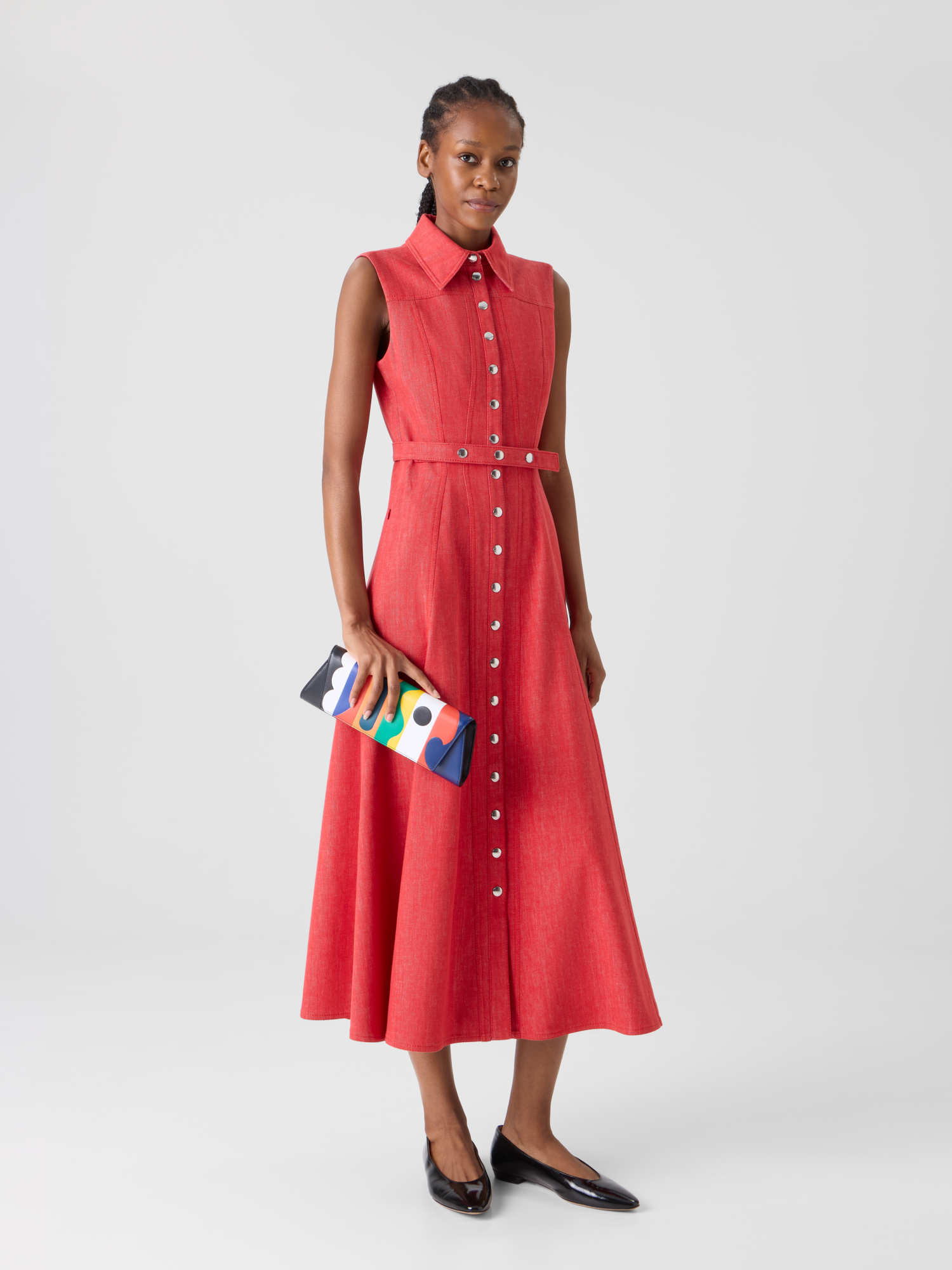 Designer Fit and Flare Denim Midi Dress - red