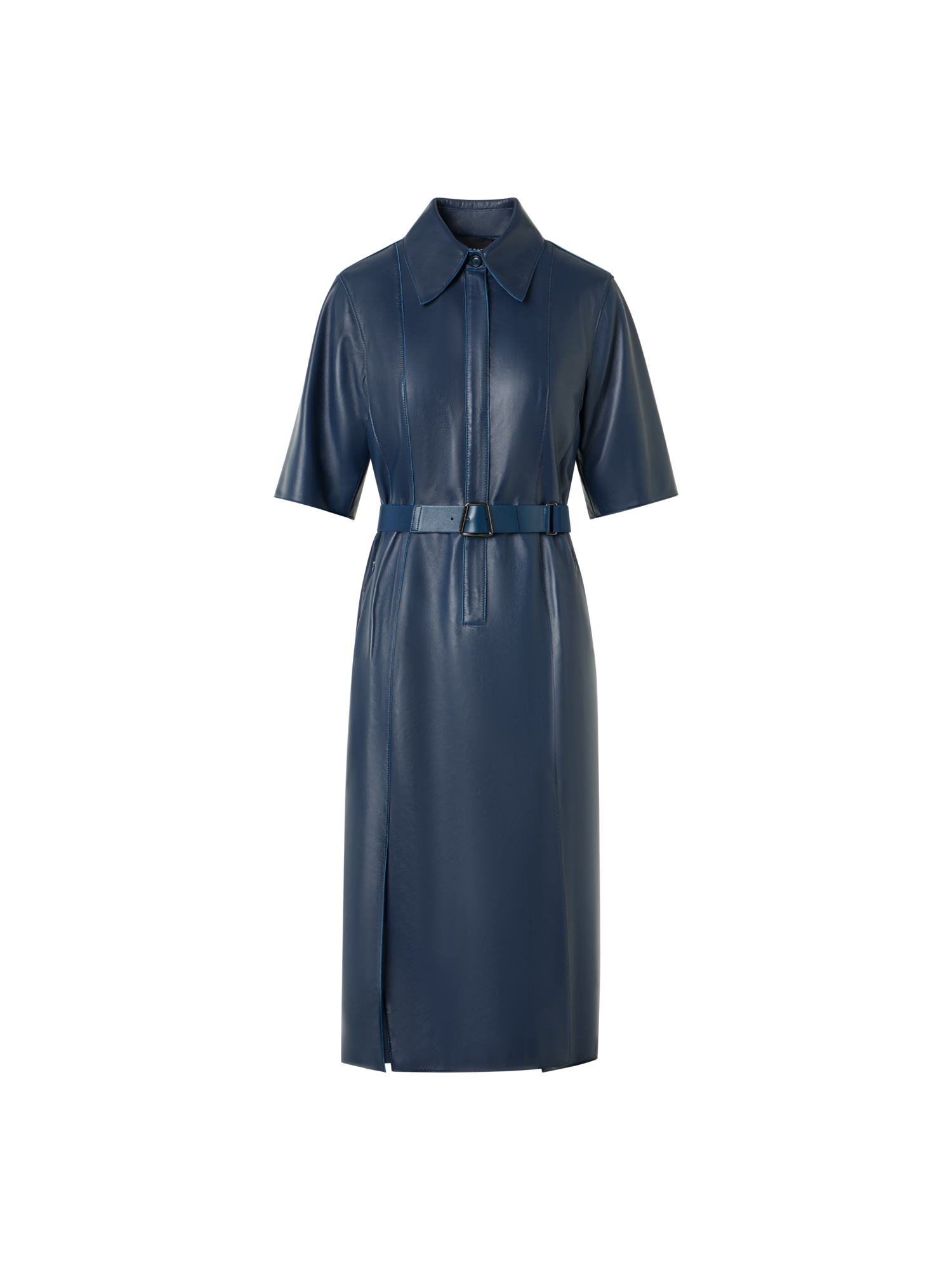 Designer Short Sleeve Shirt Dress in Leather - blue