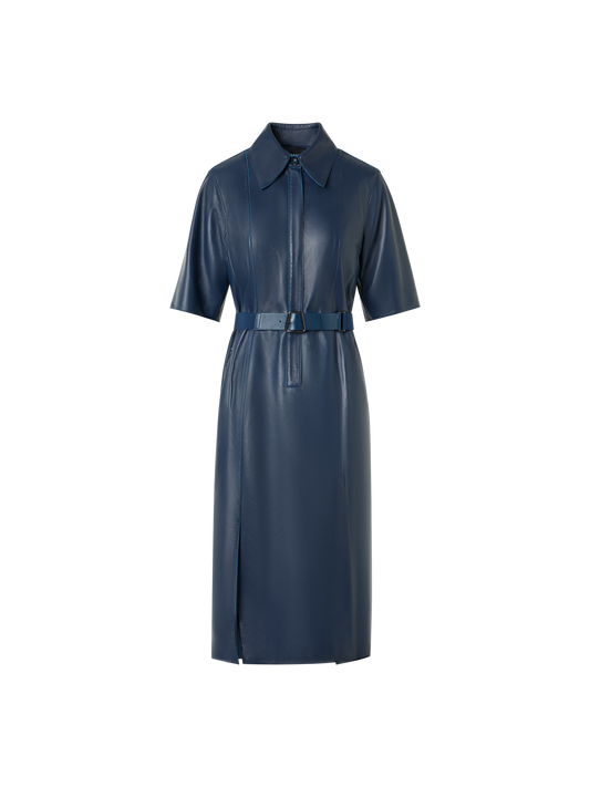Designer Short Sleeve Shirt Dress in Leather - blue