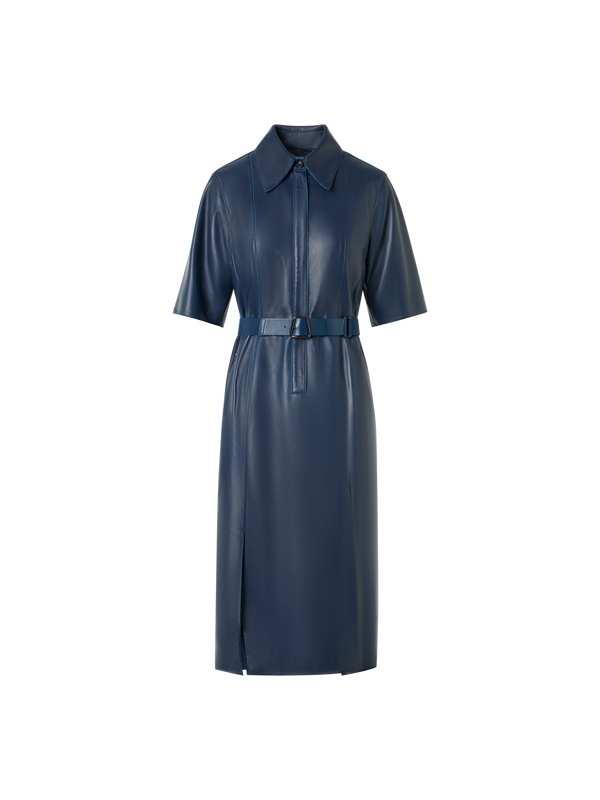 Designer Short Sleeve Shirt Dress in Leather - blue