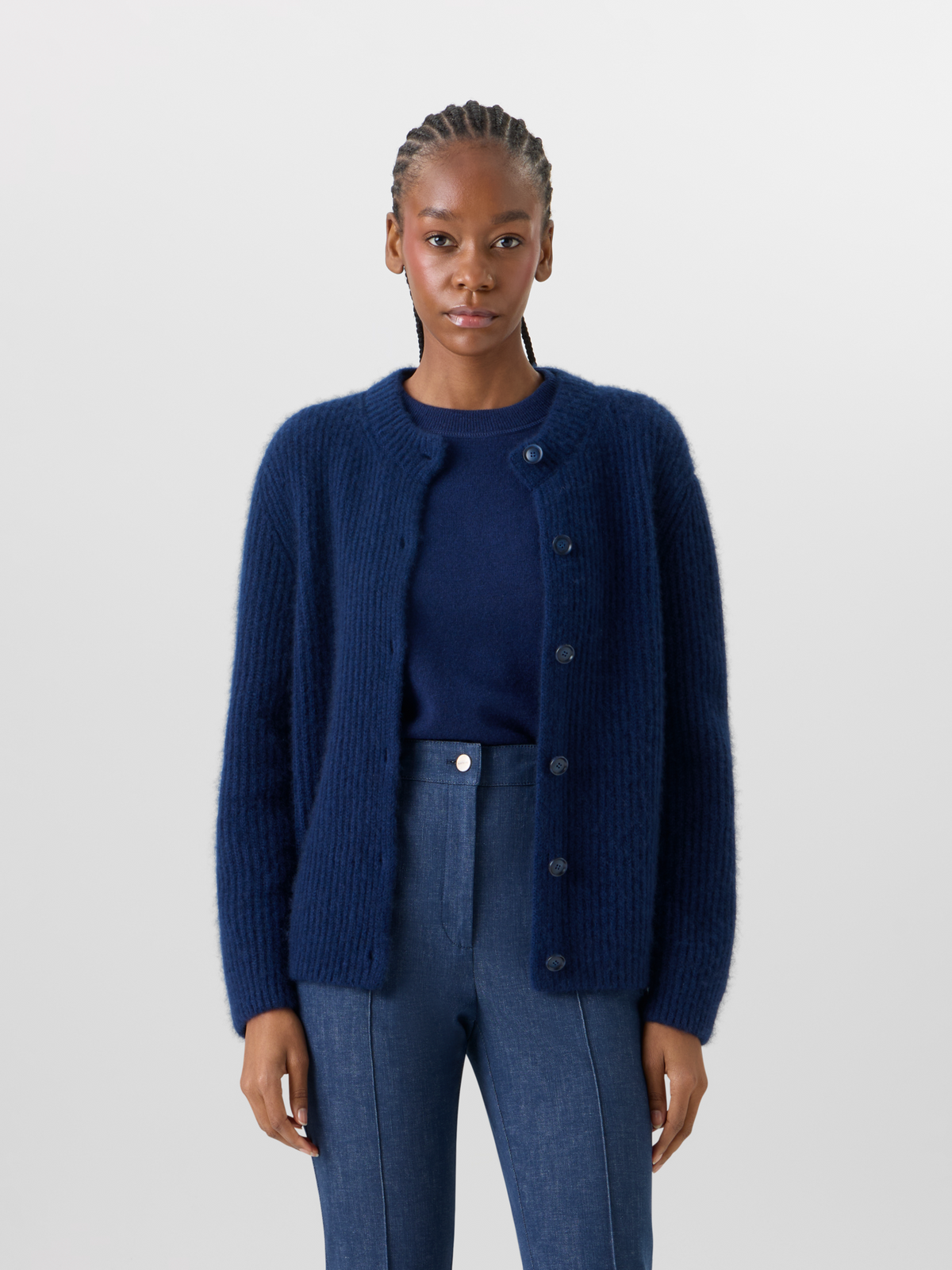 Designer Long-Sleeve Cashmere-Silk Knit Cardigan - blue #editorial