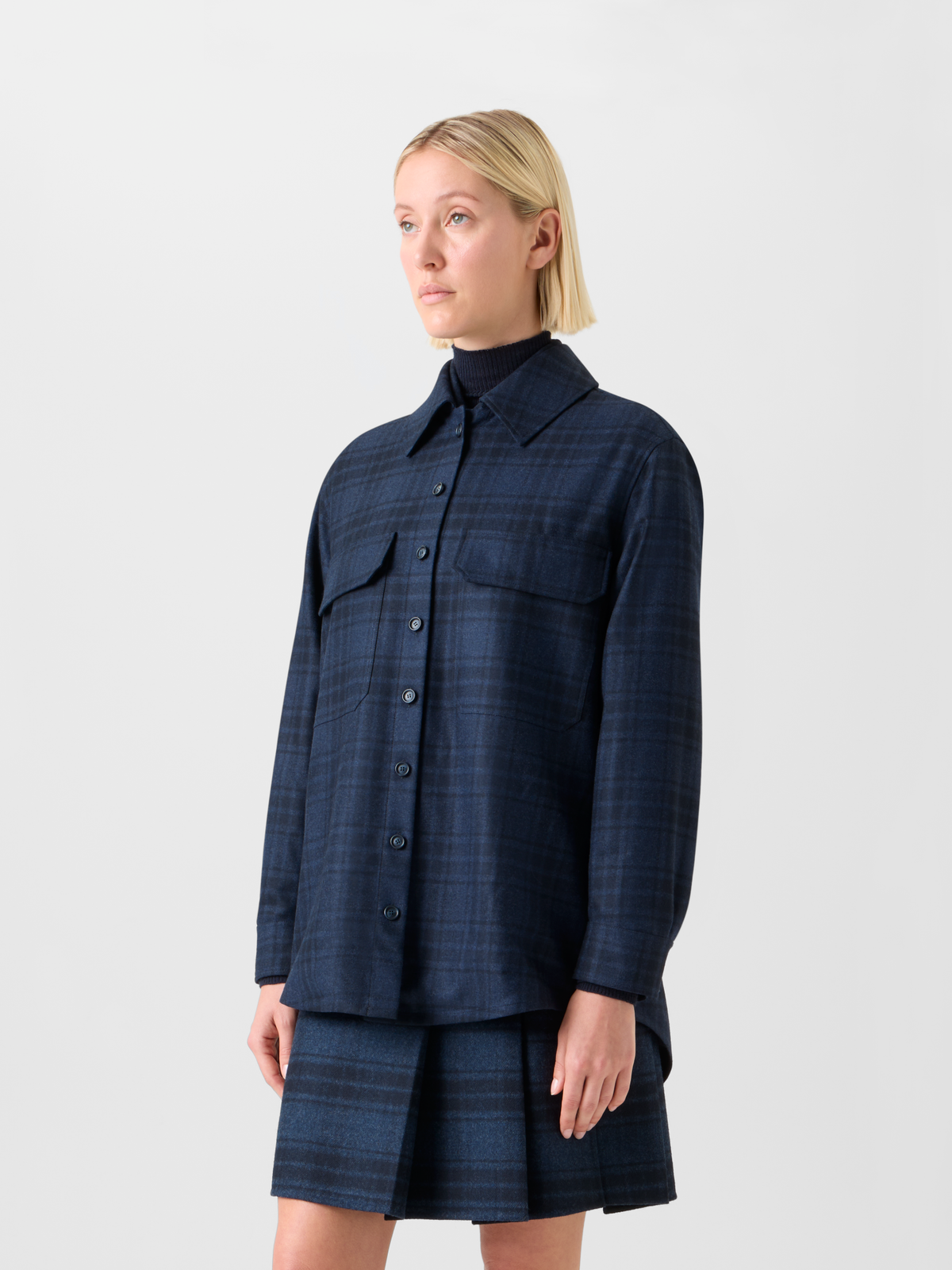 Designer Oversized Wool Flannel Plaid Shirt Jacket - neutral - navy - blue #editorial
