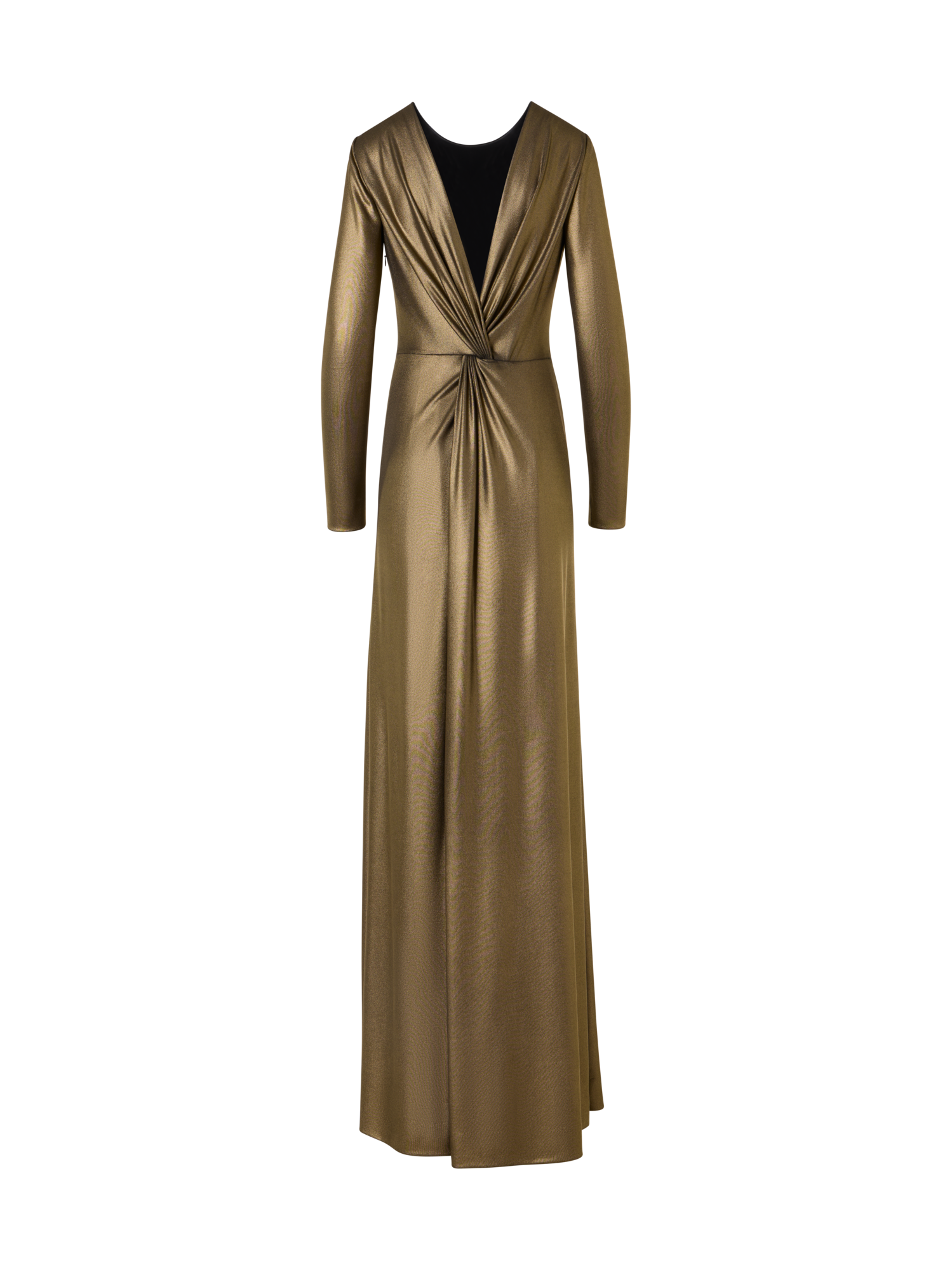 Designer Lamé Jersey Gown with Open Back and Knot Detail - gold