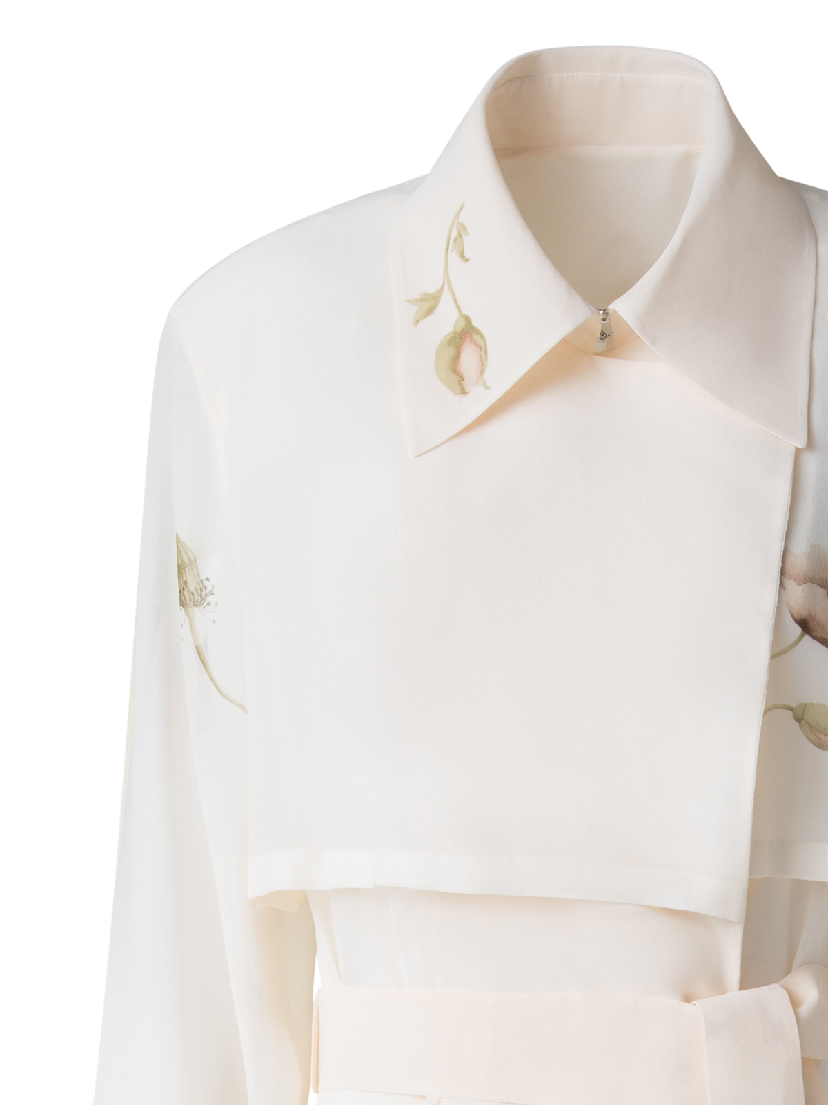Designer Silk Trench Coat with Anemone Print  - neutral - pastel - multicolor - ecru - white