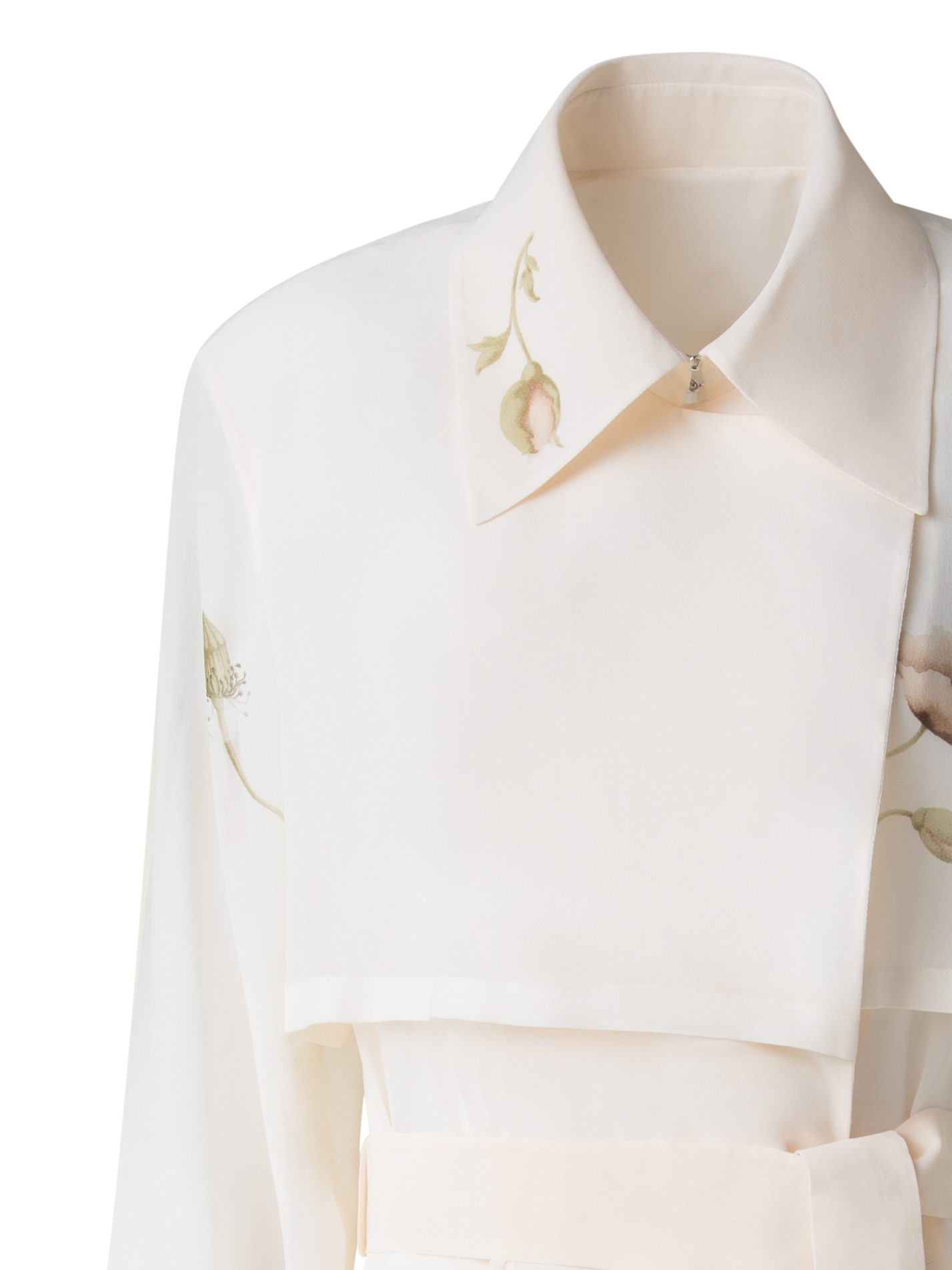 Designer Silk Trench Coat with Anemone Print  - neutral - pastel - multicolor - ecru - white