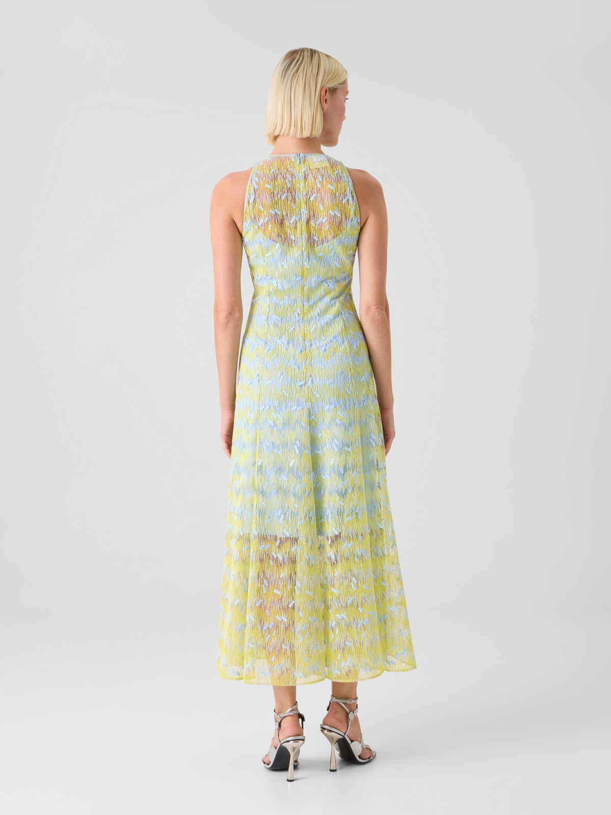 Designer Sheer Scribble Dot Embroidered Flared Midi Dress - blue - yellow #editorial