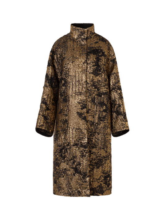 Designer Oversize Fragmented Jacquard Coat in Techno Lamé - black - multicolor - gold