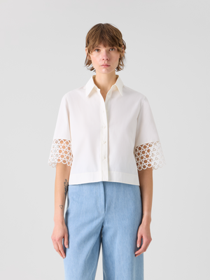 Designer Cotton Boxy Blouse with Eyelet Guipure - white #editorial
