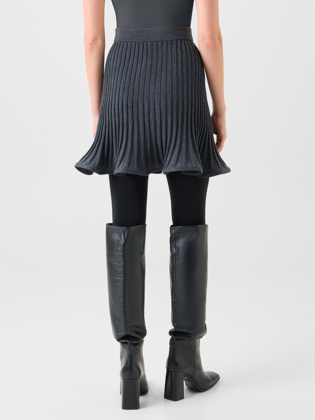Designer Flared Merino Wool Rib Knit Mini Skirt - neutral - grey #editorial