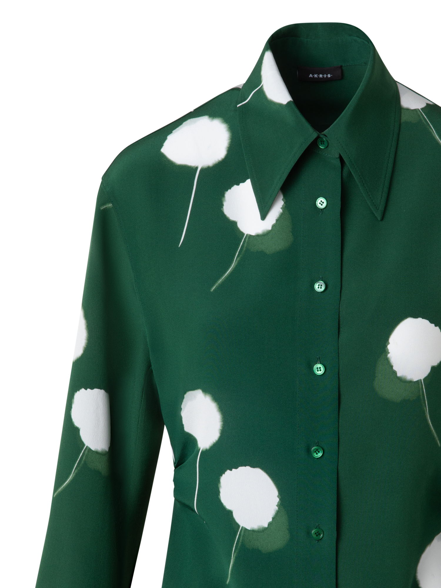 Designer Fitted Silk Blouse with Dandelion Print - green - multicolor