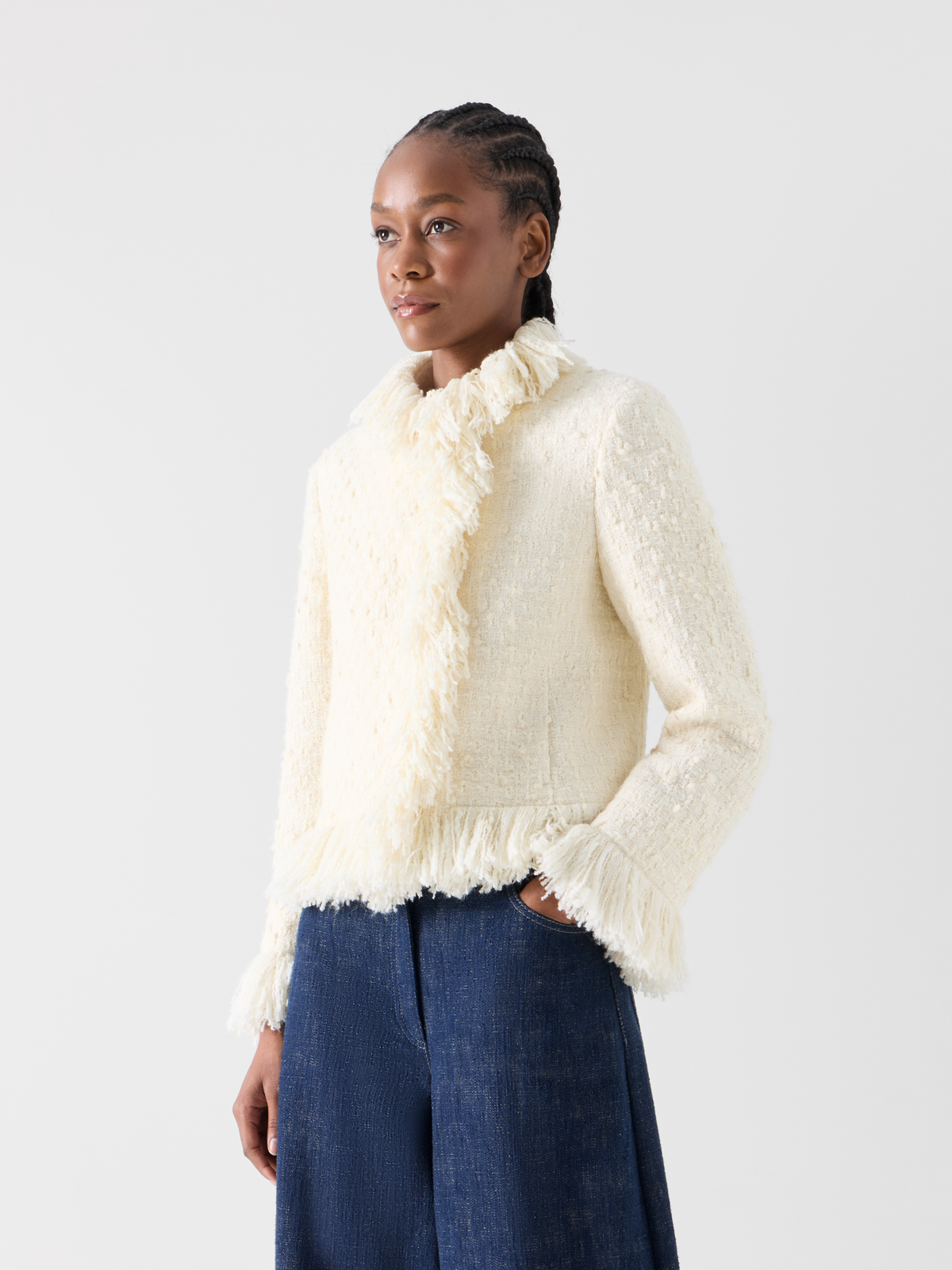 Designer Tweed Jacket with Fringed Edges - ecru #editorial