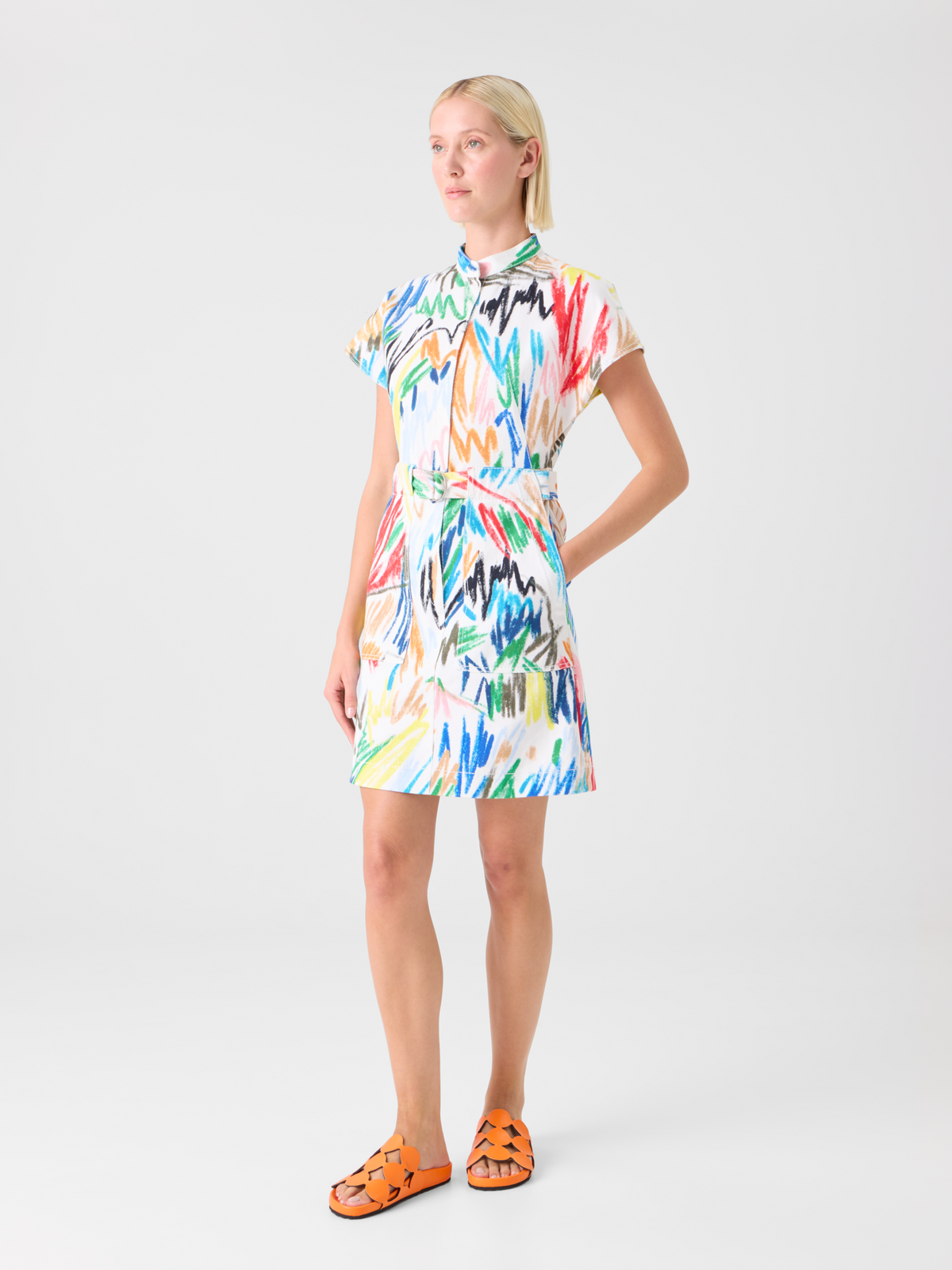 Designer Belted Scribble Print Cotton Denim Mini Dress - multicolor - ecru