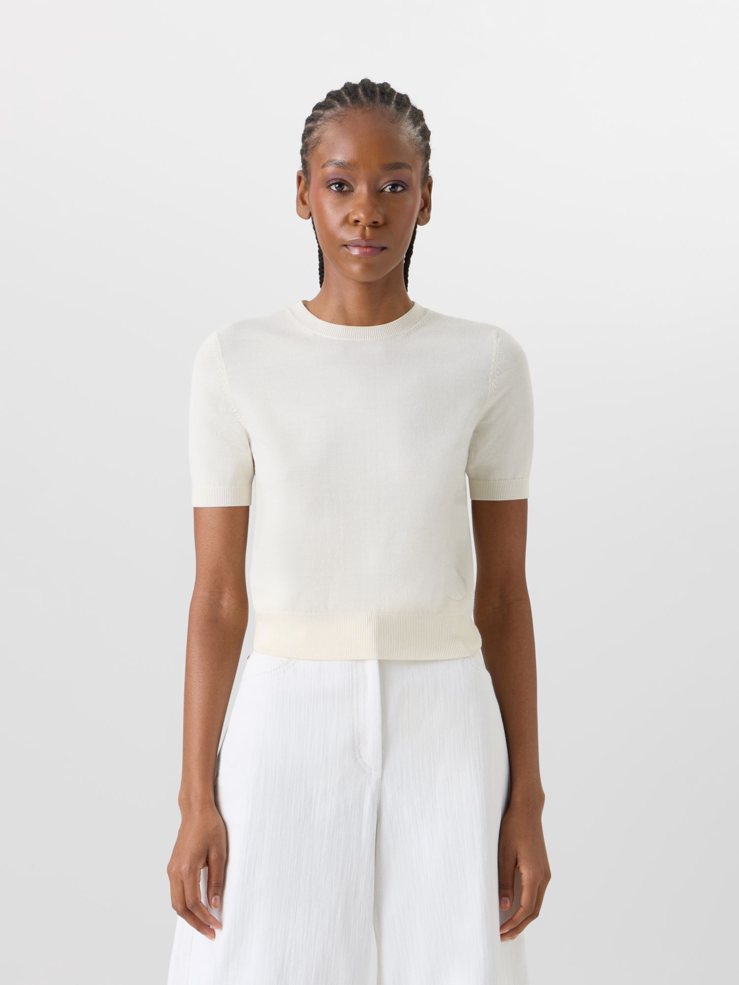 Designer Short-Sleeve Merino Wool Knit Sweater - ecru 