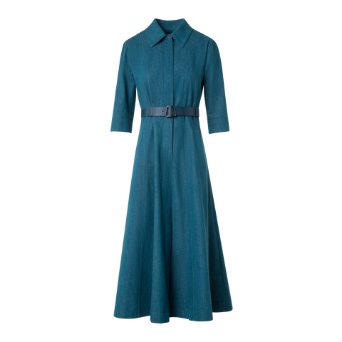 Flared Midi Shirt Dress in Cotton Denim