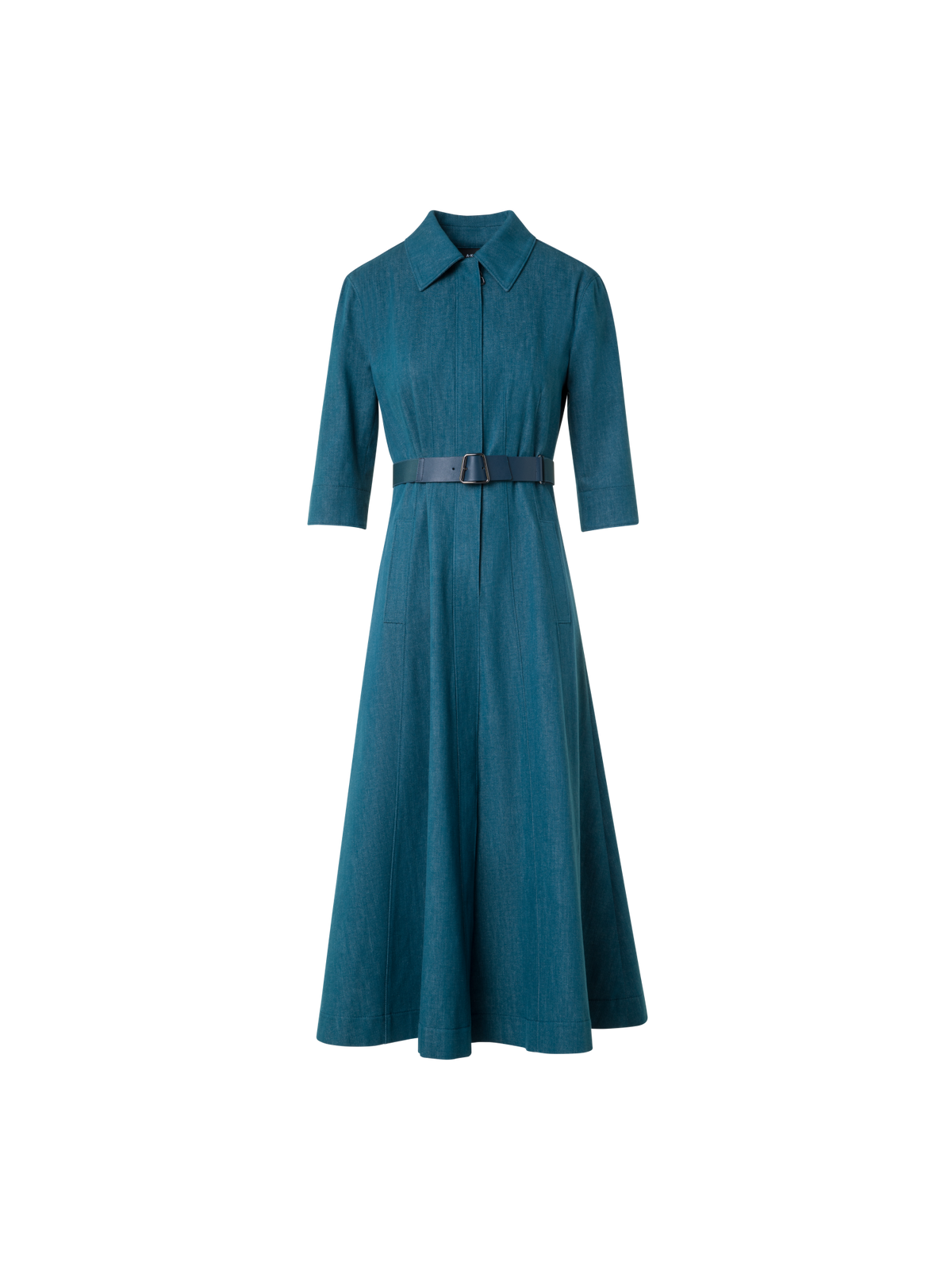 Designer Flared Midi Shirt Dress in Cotton Denim - green