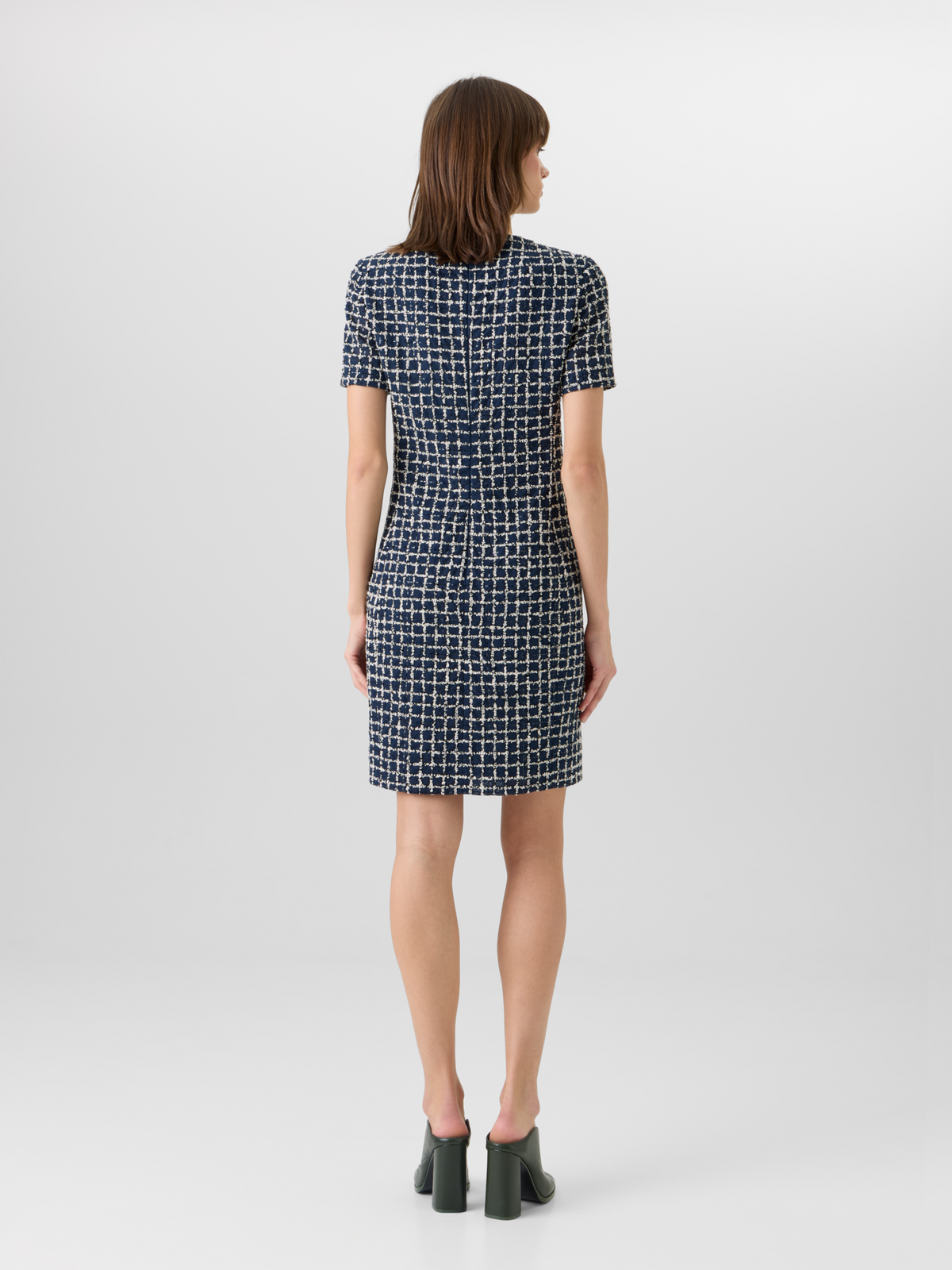 Designer Short-Sleeve Tweed Check Sheath Dress - blue 