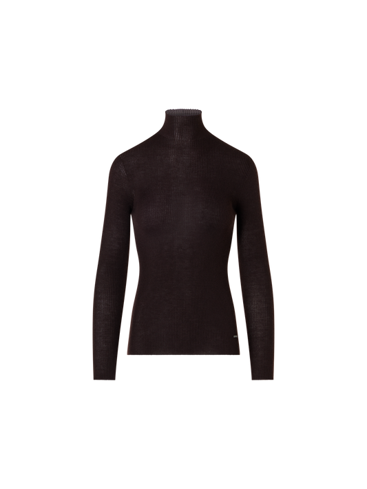 Designer Fine Rib Cashmere Silk Mock Neck Sweater - brown