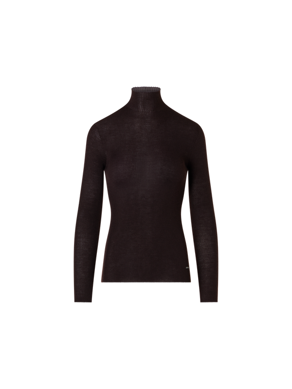 Designer Fine Rib Cashmere Silk Mock Neck Sweater - brown